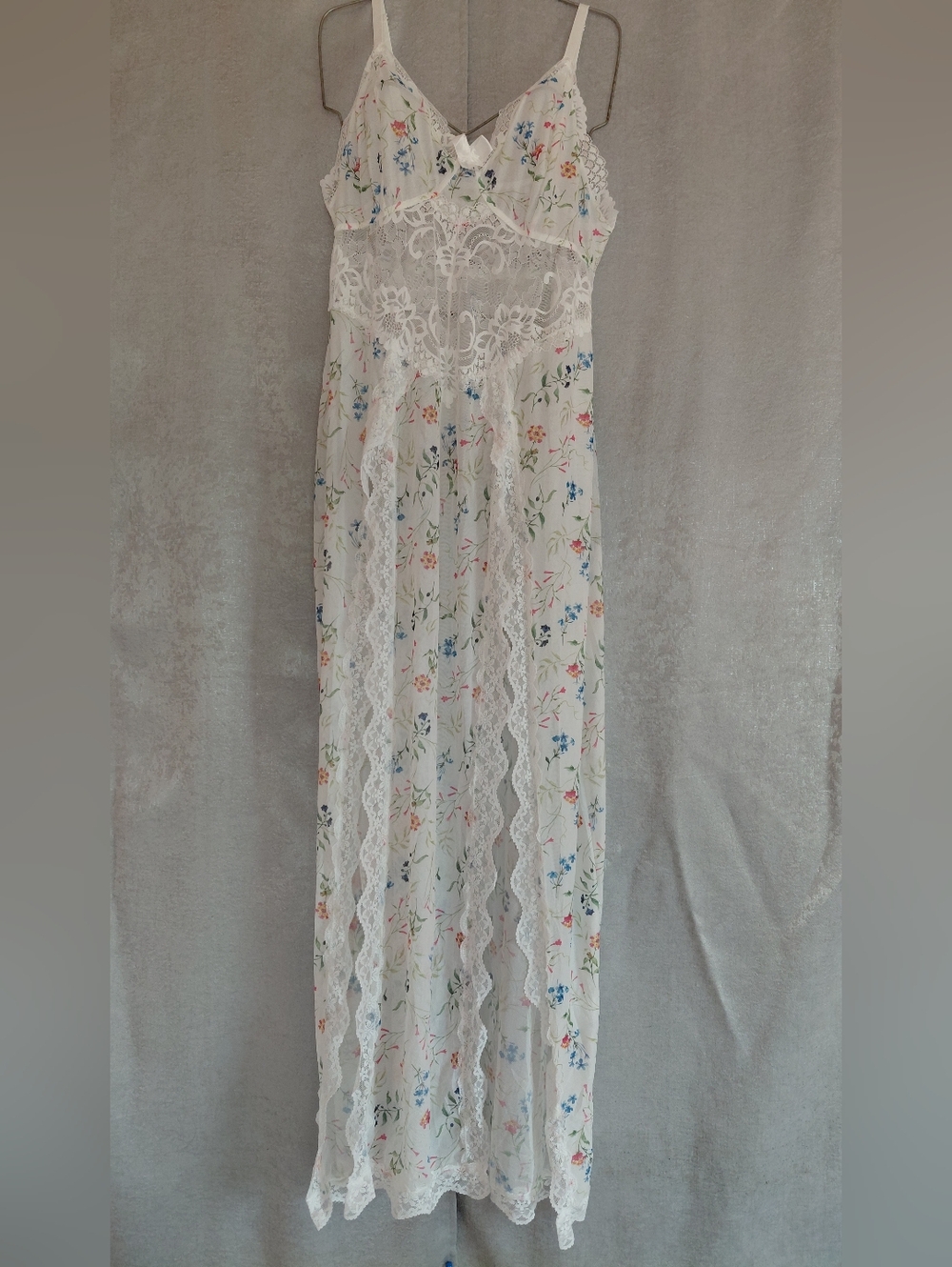 Woman's Floral Lace Maxi Dress in White Multi Floral Slip Baby Doll Thong Set.